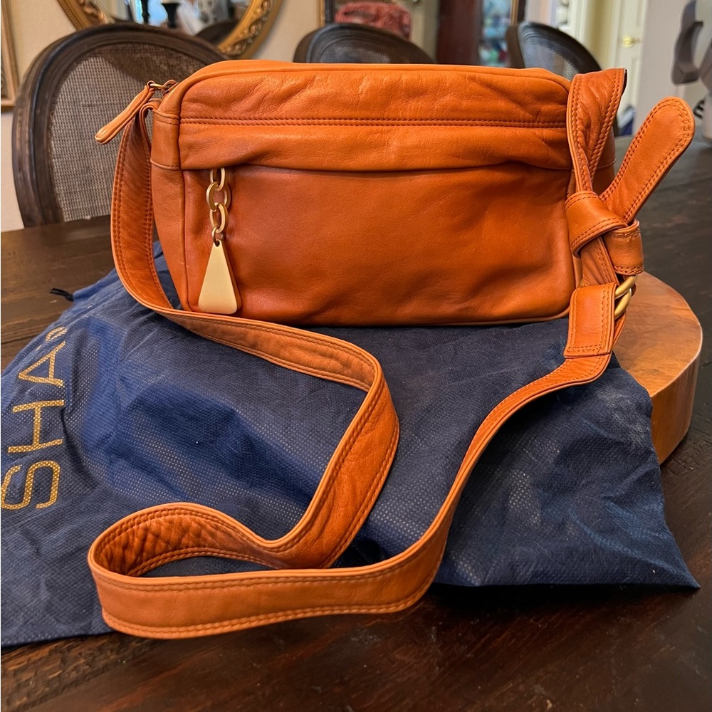 Sharif Orange Leather Shoulder Bag with Structured Design